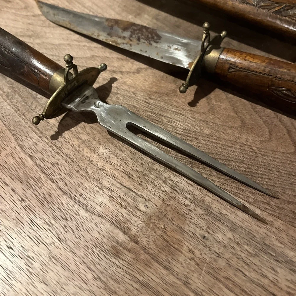 Vintage Hand Carved Wood & Brass Meat Carving Set Made in India